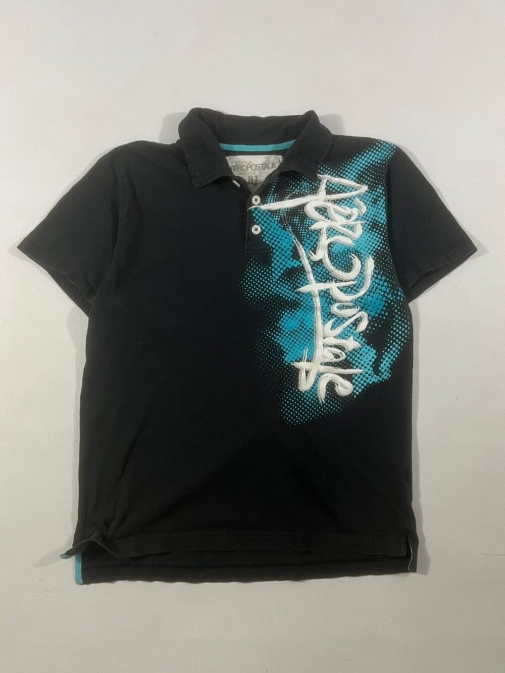 Y2K Aeropostale Black Teal Graffiti Spellout Graphic Polo Shirt XL
